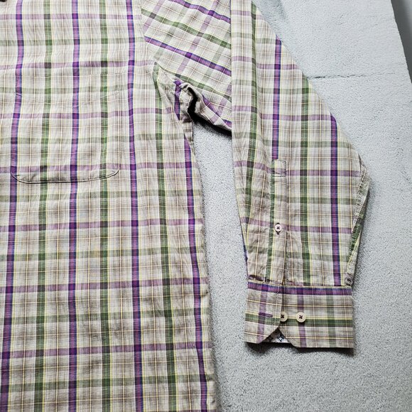 Alan Flusser Button Down Long Sleeve Plaid Shirt Brown Green Purple Mn Sz L - Picture 6 of 10